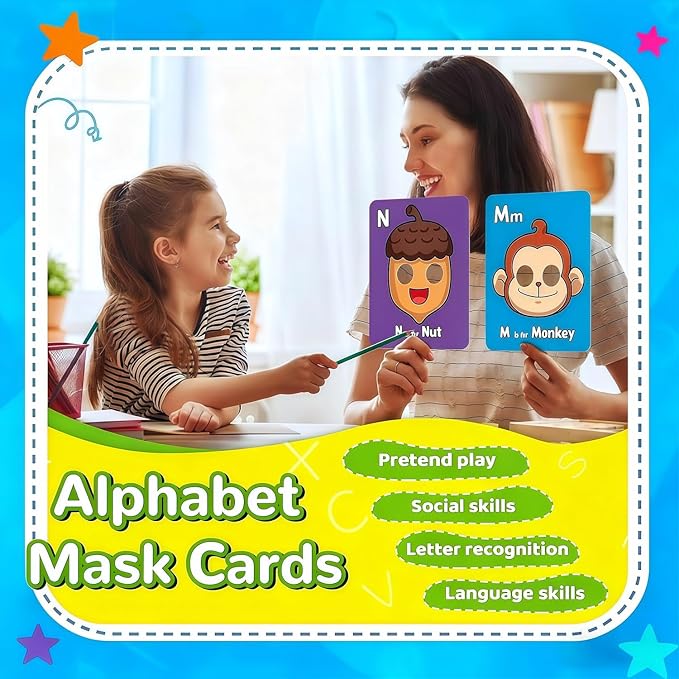 Alphabet ABC Flash Cards with Animal Masks, 26 Giant Animal mask Alphabet Cards, nteractive Education Games, Uppercase & Lowercase Learning Games，Colorful Mask Flashcards