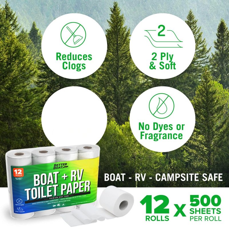 RV Toilet Paper 12 Rolls (500 Sheets Each) - Rapid Dissolving 2-Ply, Septic Safe for Camper & Marine, Individually Wrapped Camping Tissue - Better Boat