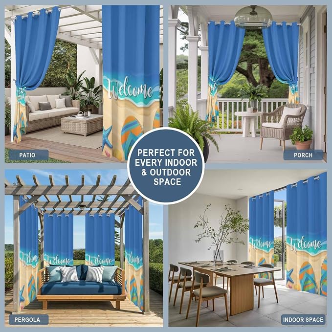 Summer Outdoor Curtains for Patio Beach Slippers Plumeria Waterproof Outside