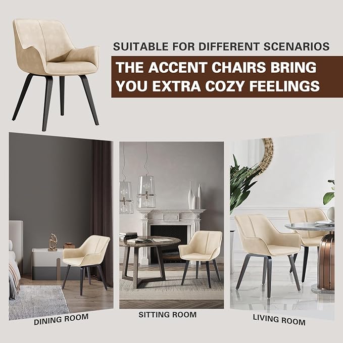 Upholstered Dining Chairs Set of 2, 4 & 6 - Faux Leather Accent, Living & Kitchen Dining Chairs - Comfortable Reading/Arm Chairs - Mid Century Modern Style (Beige, 2)