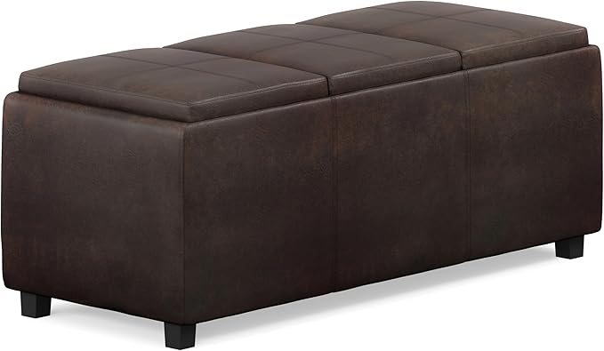 SIMPLIHOME Avalon Storage Ottoman - 42 inch Wide Upholstered Vegan Leather Rectangular Flip-Top Ottoman in Distressed Brown, Contemporary Coffee Table Ottoman for Living Room with Hidden Storage