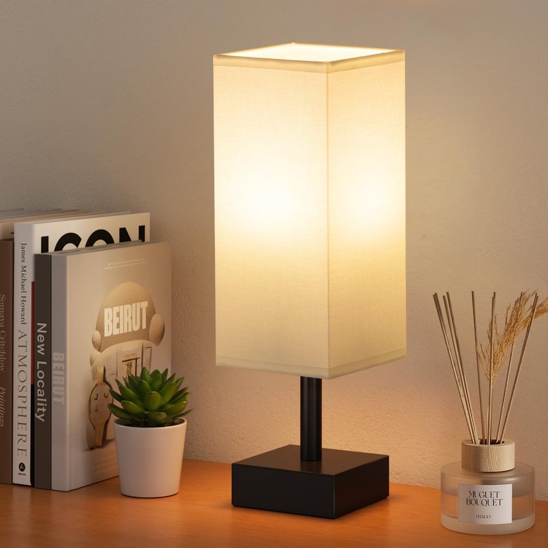 Percantis Bedside Lamp for Bedroom with White Shade, Small Lamp for Living Room,End Table, Button Switch(Bulb not Included)