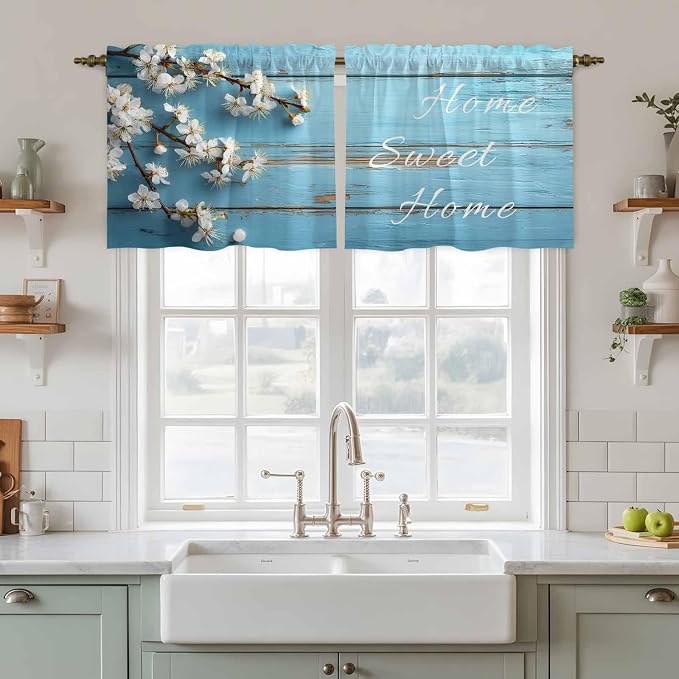 Farmhouse Wooden Grain Tier Curtains, Vintage Shabby Chic Flower Blue Light