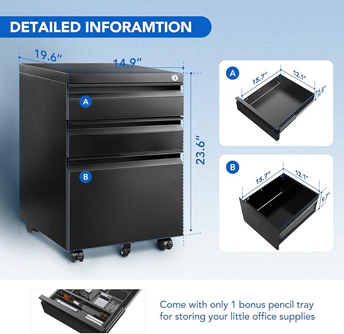 FLEXISPOT 3-Drawer Metal Mobile Filing Cabinet for Home Office - Under Desk Storage with Lock Keys - Legal/Letter/A4 File Organizer - Fully Assembled Except Wheels - Black
