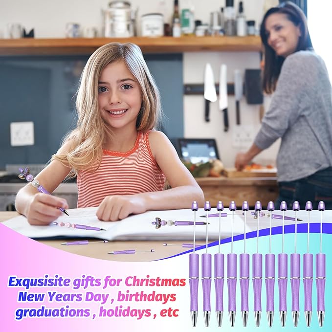 300 Pieces DIY Beadable Pen Kit – 100 Plastic Ballpoint Pens with Refills & Bags – School Supplies, Office Accessories & Decorative Items for Students & Teachers (Purple)