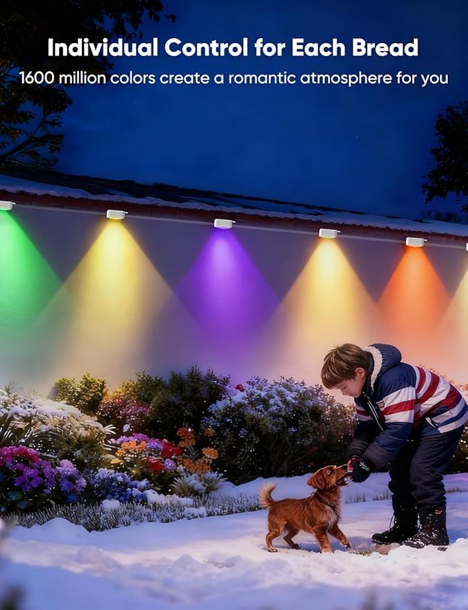 APPECK Permanent Outdoor Lights 300ft with 216 LED Lights, 108W Smart RGBW Eaves Lights, DC 36V, 40LM, IP67 Waterproof String Lights for Halloween Christmas Decor, Compatible with Alexa, Black