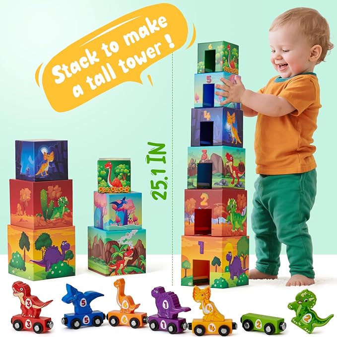 Atoylink Toddler Dinosaur Sorting and Stacking Toys with Magnetic Wooden Dinosaur Train Set, Baby Number Blocks Nesting Boxes Preschool Learning Montessori Toys for 1 2 3 Year Old Boys Girls Gift