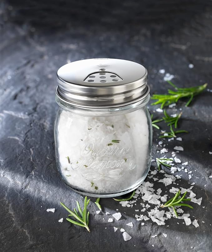 Bormioli Rocco Quattro Stagioni Mason Jar with Salt Shaker Lid - ClearSilver, Set of 2