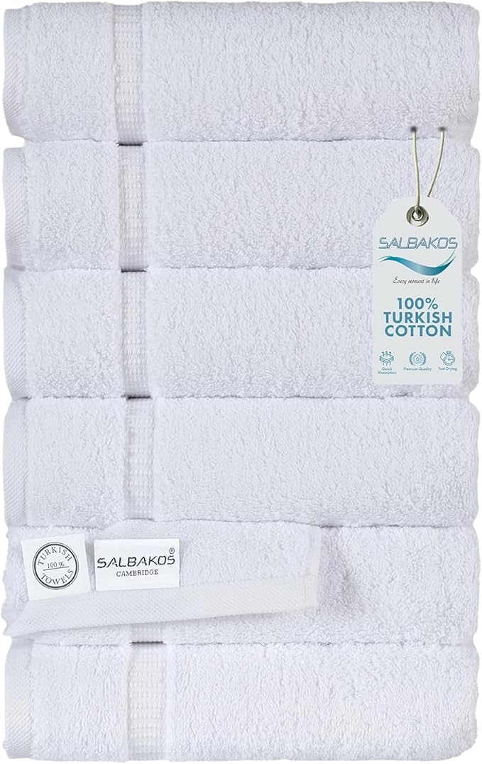 SALBAKOS 100% Turkish Cotton Hand Towel Set of 6 16x30 inch | Heirloom Quality | Hotel & Spa Collection | Ultra Soft, Super Absorbent, Long Lasting Hand Towels | Made in Turkey (White, 6 Hand Towels)