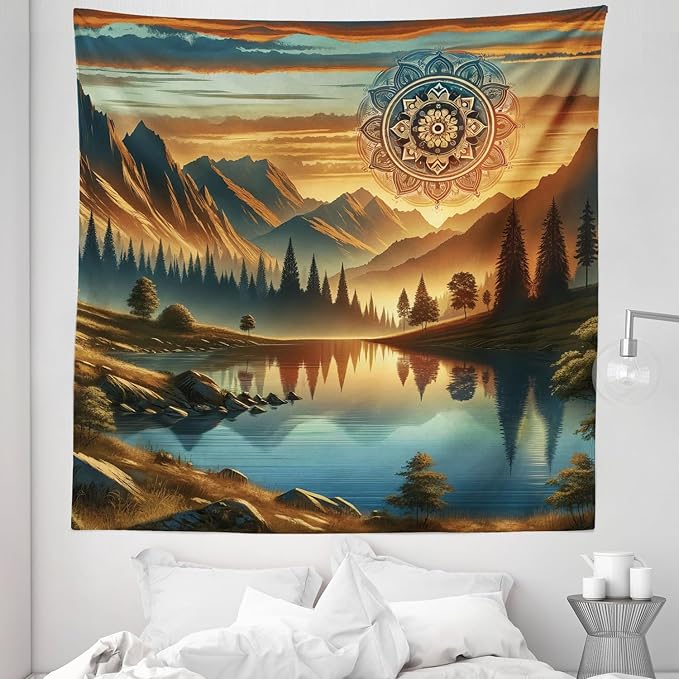 Ambesonne Mountain Tapestry Queen Size, Laky Scenic Mounts and Woods Oriental Dream Aura Mandala Flower Boho, Wall Hanging Bedspread Bed Cover Wall Decor, 88" X 88", Pale Vermilion Sea Blue