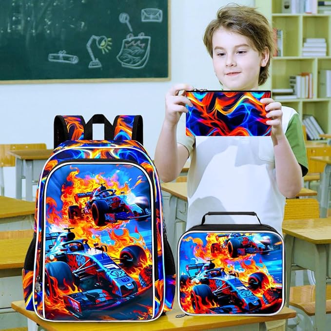 KLFVB 3PCS Boys Backpack, 17" Race Car Bookbag and Lunch Box, Water Resistant Teenagers School Backpacks for Middle Elementary - Flame Race Car