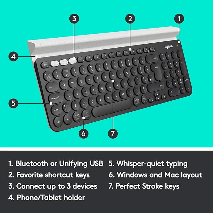 Logitech K780 Multi-Device Wireless Keyboard for Computer, Phone and Tablet – Flow Cross-Computer Control Compatible - Speckles, White