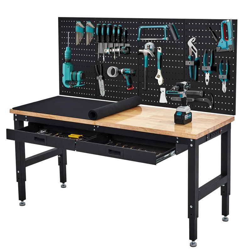 60" Adjustable Workbench, 3000 Lbs Capacity Heavy-Duty Work Bench Table with Power Outlet & Pegboard, Rubber Wood Top Garage Work Table with 2 Drawers & Pegboard for Workshop, Garage, Office