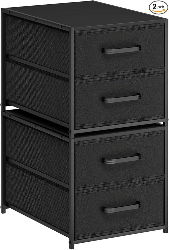 Homsorout Stackable Storage Drawers - 2 Tier Closet Drawers, Closet Organizer with Metal Handles, Night Stand with Collapsible Bins, Fabric Dresser for Bedroom, Dorm, Office, Black, 2 Pack