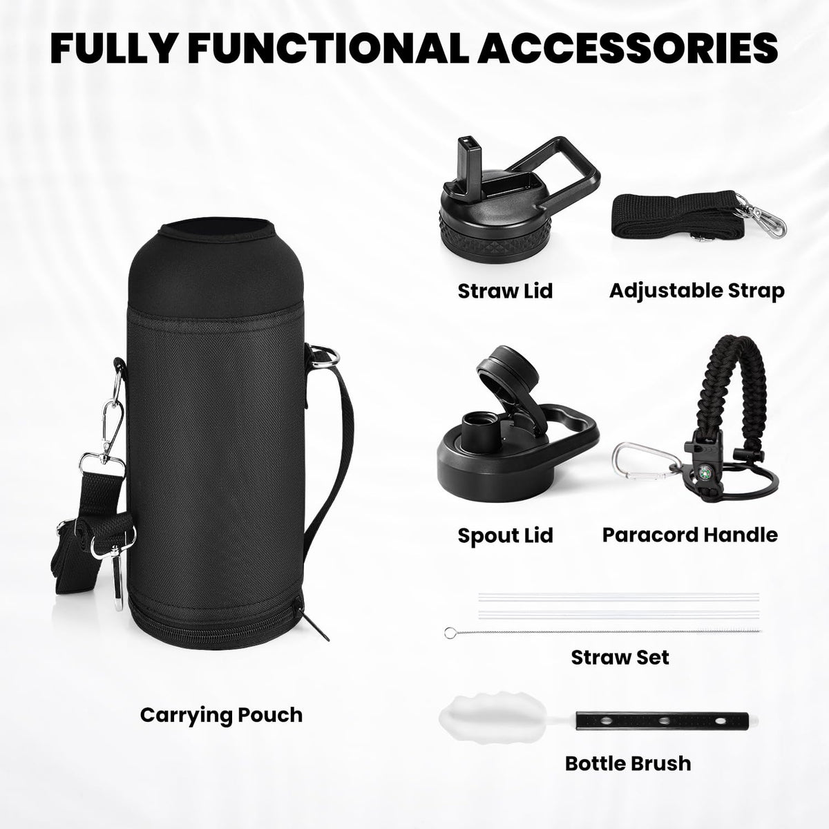 RAYMYLO Insulated Water Bottle 32 oz, Triple Wall Vacuum Stainless Steel (Cold for 24Hrs, Hot for 12Hrs), Leak Proof & Non-BPA, Modern Water Flask Jug with Paracord Handle & Straw Spout Lids