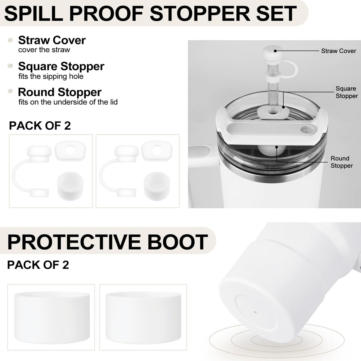 HYZ 8pcs Stanley Cup Accessories, Spill Proof Stopper & Boot Set, Frost