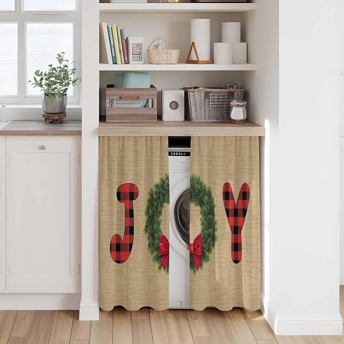 Red Green Christmas Kitchen Curtains 45 Inch Long 2 Panel Set, Rod Pocket