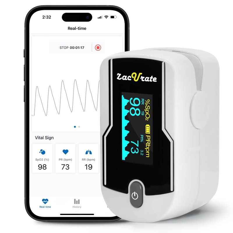 Zacurate 500E-B Wireless Bluetooth Fingertip Blood Pulse Oximeter Monitor with FREE App, SpO2, Heart Rate, Plethysmograph, and Perfusion Index Finger Oxygen Sensor Meter