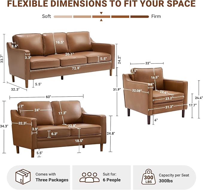 Kingfun Living Room Furniture Sets, 3 Seater Couch, Armchair and Loveseat, Mid Century Modern Sofa Set, Faux Leather Couch with Solid Wood Frame for Living Room & Bedroom, Brown