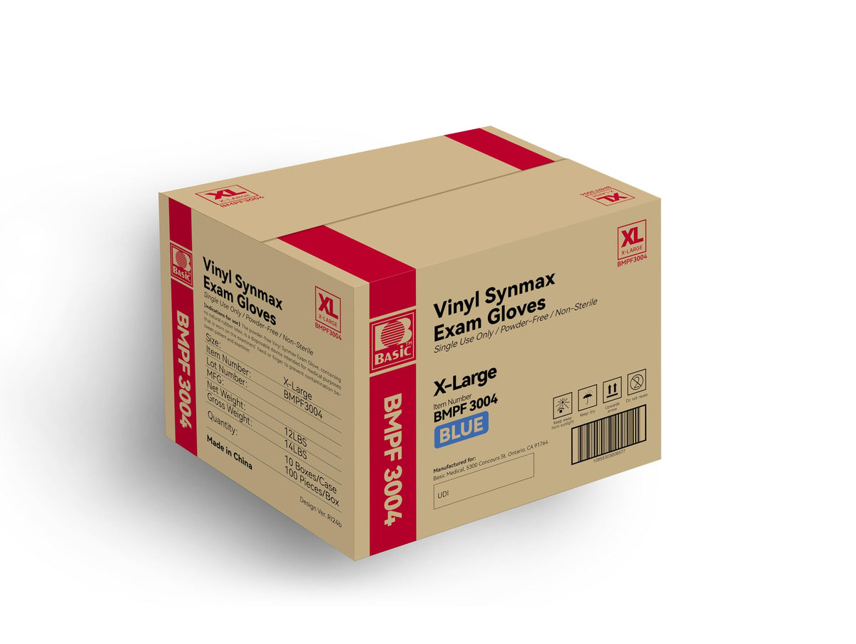Basic Medical Synmax Vinyl Exam Gloves - Latex-Free & Powder-Free - X-Large, BMPF-3004(Case of 1,000)