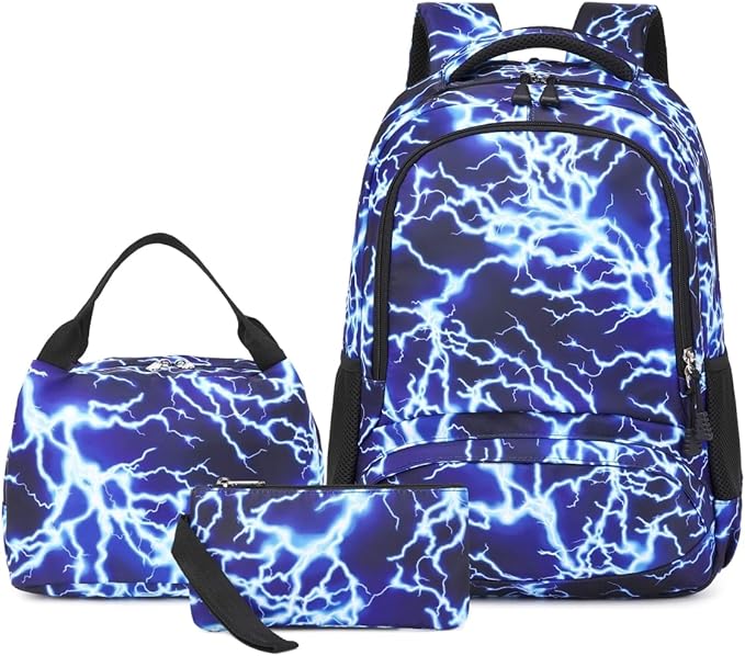BABUN Backpack for Boys Middle Elementary Set for Kids Bookbag Lightning Laptop School Bags Waterproof With Lunch Box Bag (1-Blue)