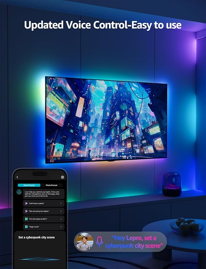 Lepro S1 AI LED Strip Lights for Christmas Decorations, 16.4ft Smart RGB Light Strips with IC and Rainbow Chasing Effects, Personalized Al Lighting Designer, No Remote, 2.4GHz Wi-Fi & Bluetooth