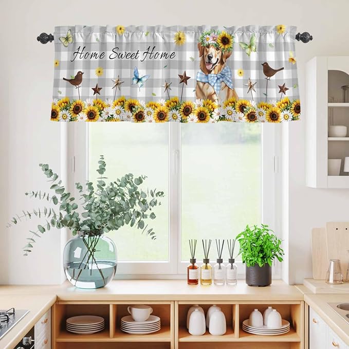 Kitchen Curtains Tiers and Valance Set of 3, Sunflowers Dog Light Filtering