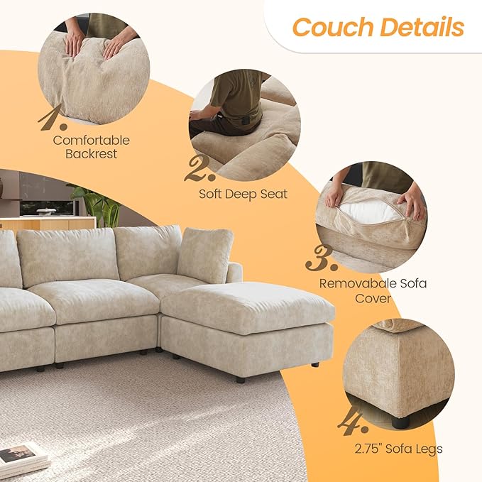 JACH 67" Love Seat Sectional Couches with Chaise Ottoman, Modern Convertible Modular Sofa, Cloud Sectional Couch, Sofa Covers Washable, Minimalist Couch for Living Room, Bedroom, Apartment, Khaki