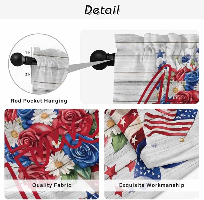Independence Day Kitchen Curtains 45 Inch Long 2 Panel Set, Rod Pocket Window