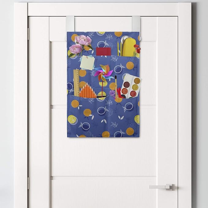 Ambesonne Fruits Hanging Pocket Organizer, Vibrant Oranges and Lemons Silhouettes with Mini Polka Dots, Printed Polyester Storage Bag with Pockets, 14" x 20", Violet Blue Orange