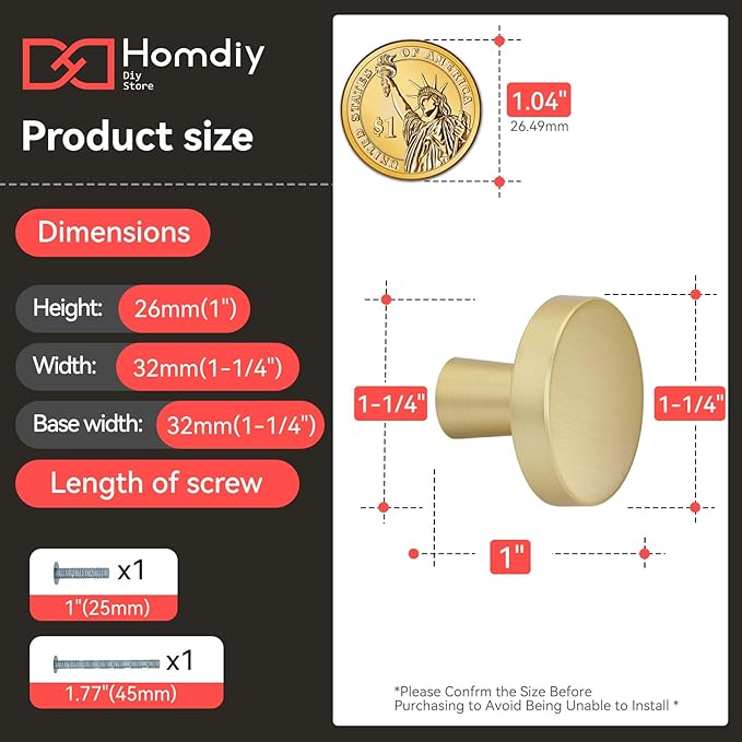 homdiy 15 Pack Gold Cabinet Knobs Round Brushed Brass Kitchen Handles Zinc Alloy Metal Hardware for Dresser Drawer Desk Cupboard