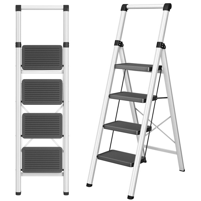 DIAMONDFORGE 4 Step Ladder, Folding Step Stool with Wide Anti-Slip Pedal, Soft Grip Handle & Non-Slip Feet, Sturdy Steel Ladder with 600 lbs Capacity for Home, Kitchen & Office, Black Grey