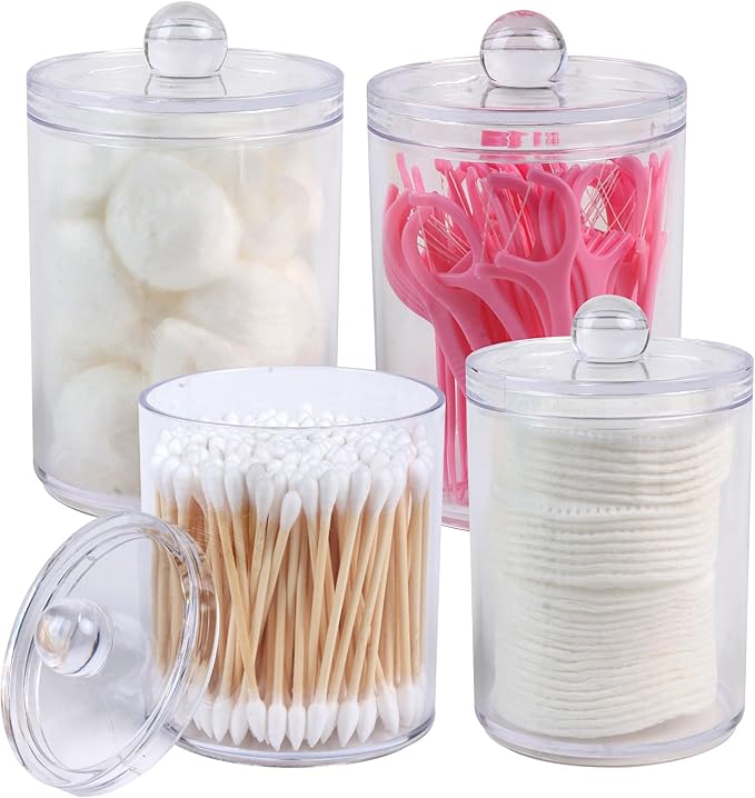4 Pack Acrylic Qtip Holder Dispenser,Canisters Apothecary Jar Set, Vanity Makeup Bathroom Organizers and Storage Set, 10 and 12 oz