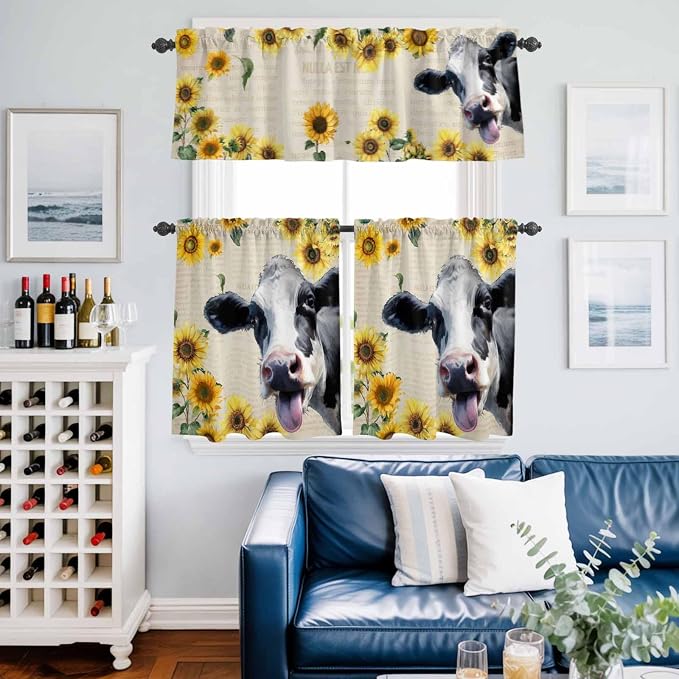 Kitchen Curtains Tiers and Valance Set of 3, Cow Sunflowers Light Filtering