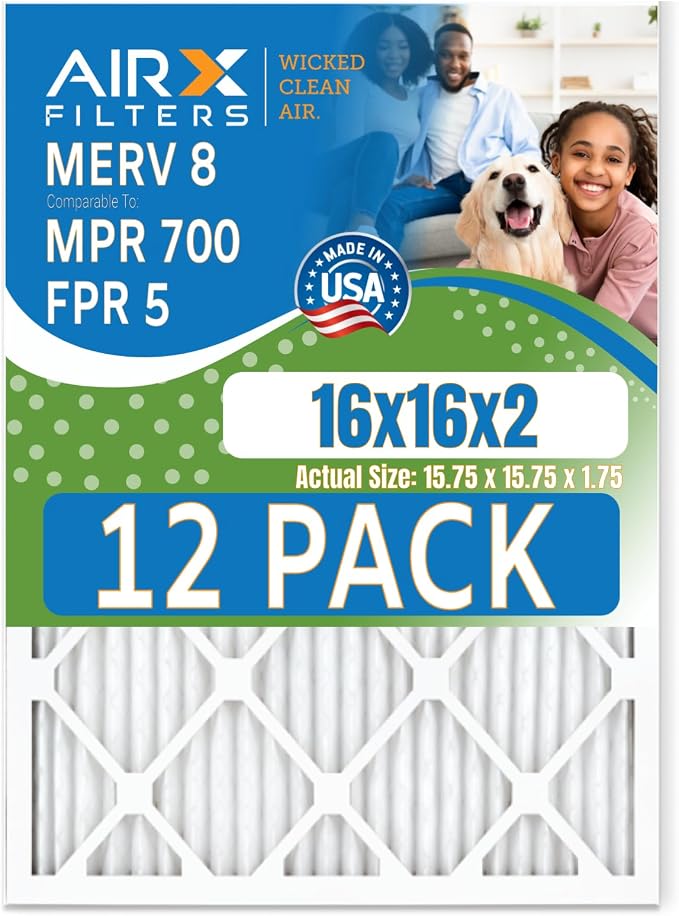 16x16x2 Air Filter MERV 8 Rating, 12 Pack of Furnace Filters Comparable to MPR