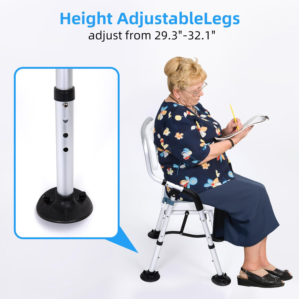 Fasjloctavty Shower Chair for Inside Shower,Foldable Shower Chair for Elderly and Disabled, Adjustable Height Chairs with Padded Arms and Back for Bathroom,Compact and Comfortable，Regular Standard