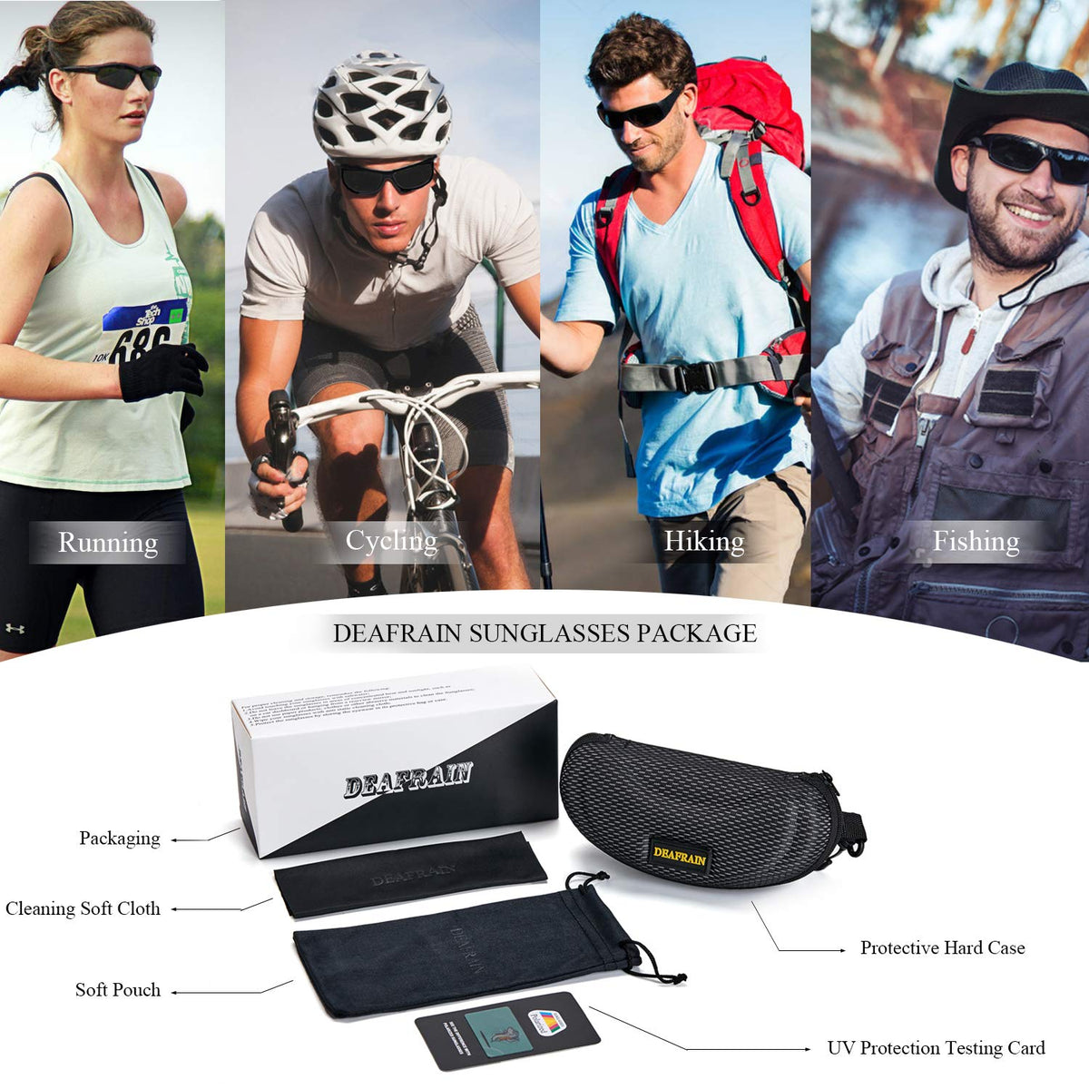 DEAFRAIN Polarized Sports Sunglasses for Men Women Driving Fishing Cycling Running Golf Glasses Wrap Around Goggles UV400 Protection