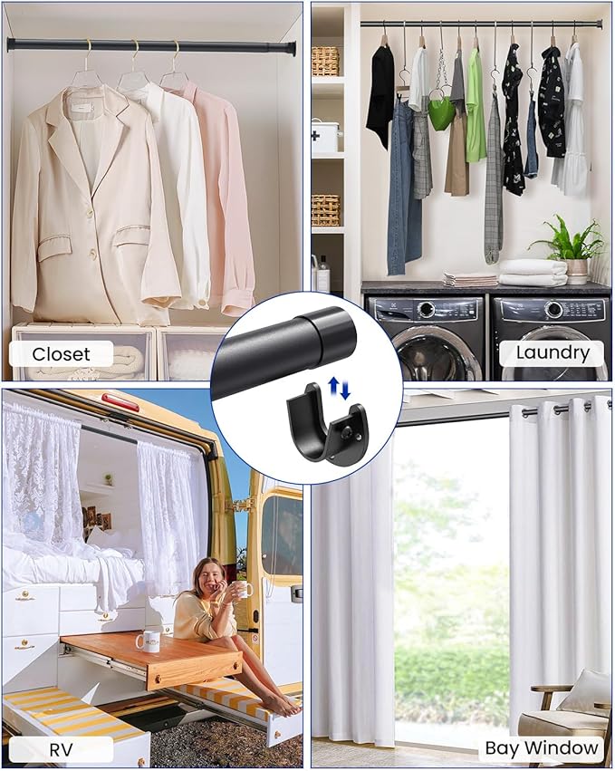 Supforce Closet Rods for Hanging Clothes, 17 to 159 Inches Stepless Adjustable Metal Closet Rod, 1.3 Inches Heavy Duty Clothes Hanging Rod for Closet Wardrobes Laundry RV, Black