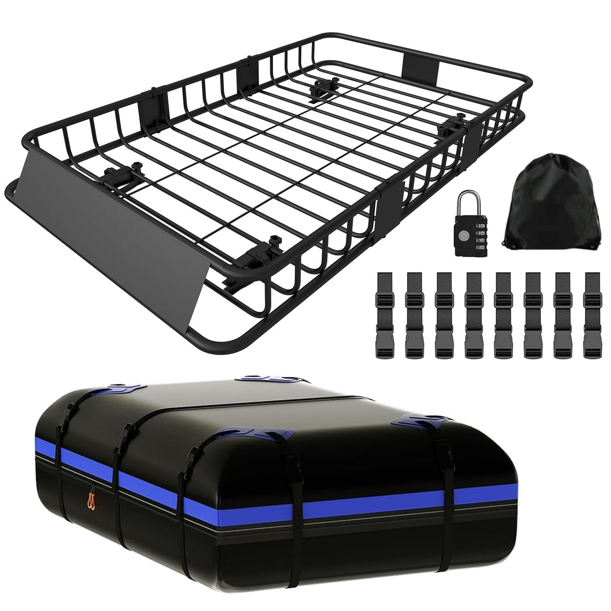 FORWODE 250LBS Universal Roof Rack Basket, 64"x39"x6" Rooftop Cargo Carrier Rack + Waterproof Cargo Bag 15 Cubic Feet(43"x34"x17")