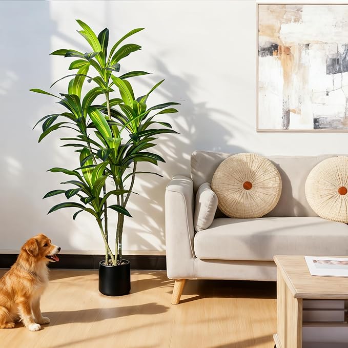 Artificial Dracaena Tree 5FT Tall, Realistic Faux Indoor Floor Plant for Home & Office Decor, Black Round Planter with Decorative Stones – UPBUD