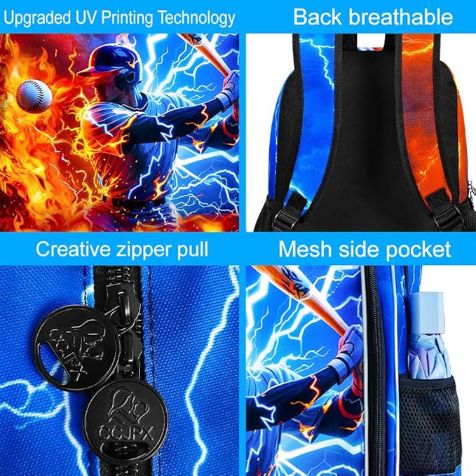 gxtvo 3PCS Boys Baseball Backpack, 17" Kids Bookbag with Lunch Box, Water Resistant Middle Elementary School Bag - Fire & Lightning Baseball Player