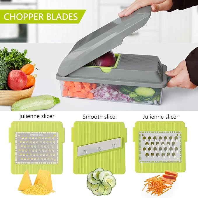 LHS Veggie Chopper with Container, 9 in 1 Manual Food Chopper Cutter, Grey