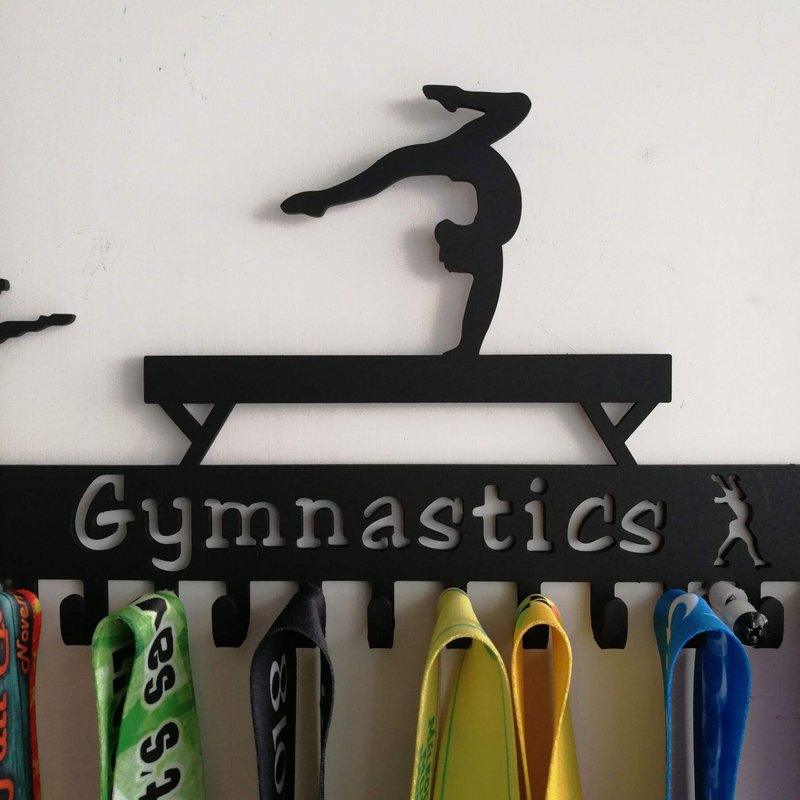 URBN BY MODERN HOME FINISHINGS Metal Wall Mount Gymnastics Medal Hanger Display and Lanyard Ribbon Holder Rack, 20 Easy Hang Hooks, Medal Holder Wall Decor, Great Gift for Gymnasts, Black