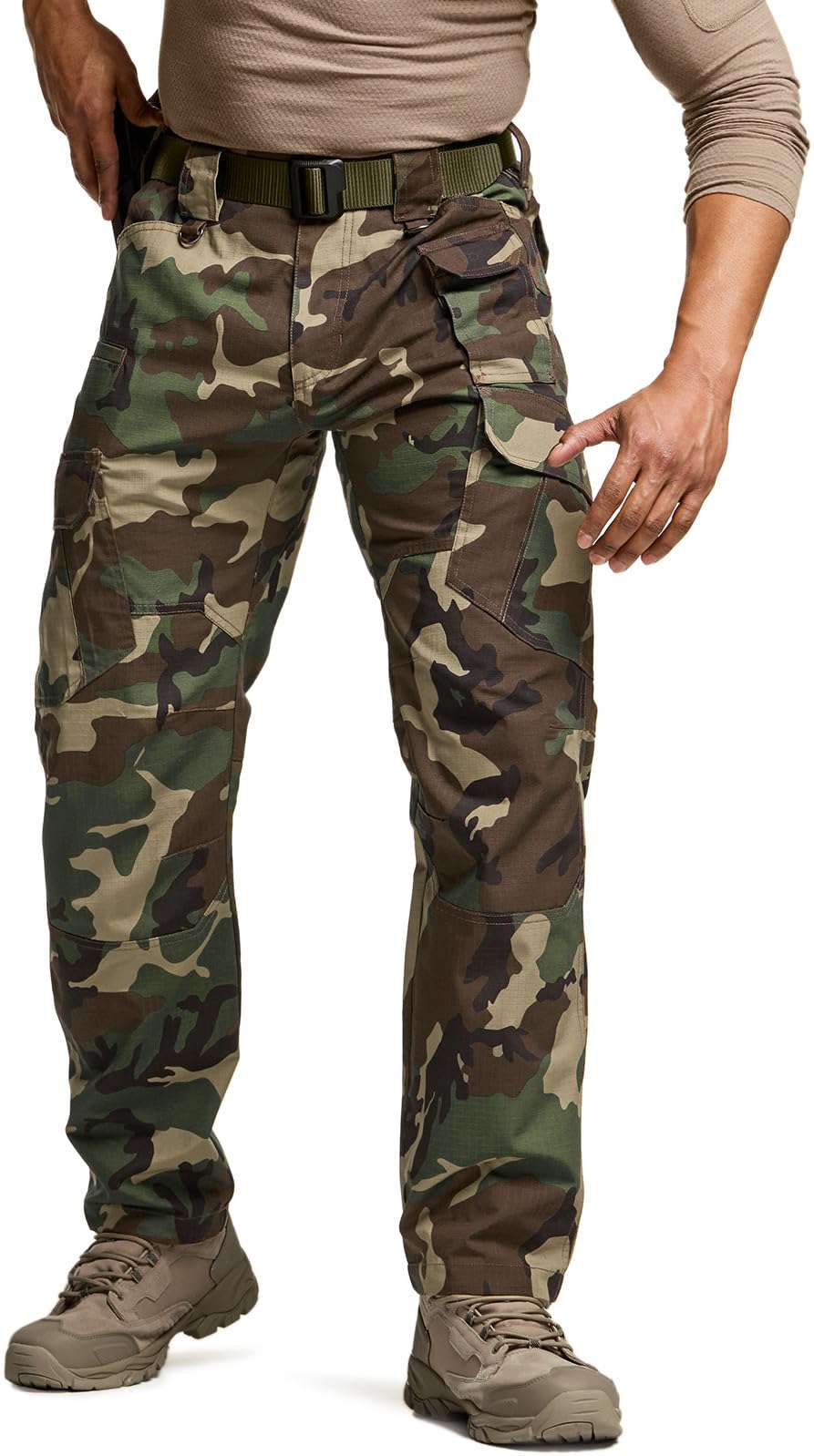 CQR Men's Tactical Pants, Water Resistant Ripstop Cargo Pants, Lightweight EDC Work Hiking Pants, Outdoor Apparel, Duratex Mag Pocket Print Woodland Camo, 30W x 30L