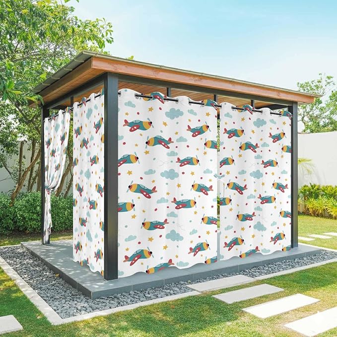 Turquoise Airplane Waterproof Outdoor Curtains