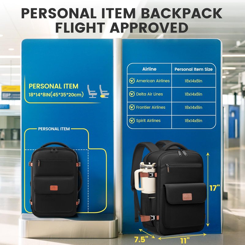 MATEIN Personal Item Backpack 18x14x8 for Frontier, Underseat Travel Backpack with Water Bottle Holder Fit 15.6" Laptops, TSA Approved Luggage Bag with Shoe Compartment for Airlines, 2 Pcs Set