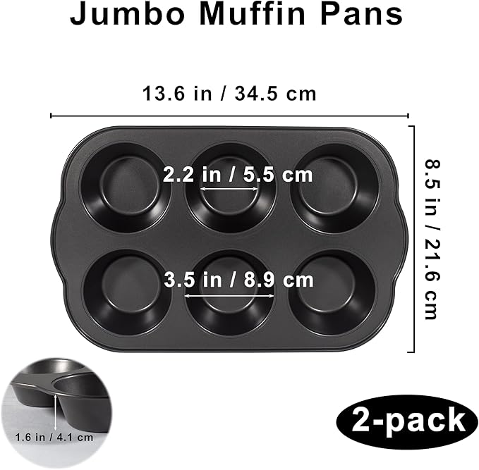 Bakexcel Non-Stick Jumbo 3.5" 6-Cup Muffin Pans, Set of 2(Black)