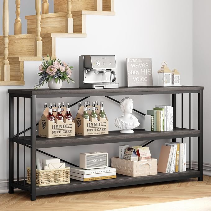 IBF Wood and Metal Book Shelf, Industrial Rustic Low 3 Tier Bookshelf, Farmhouse Long Wide Vintage Horizontal Bookcase, Modern Large Open Etagere for Home Office Living Room Bedroom, Gray Oak, 63 Inch