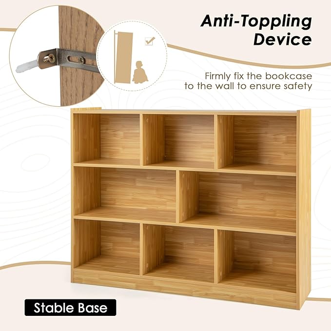 NAFORT 8-Cube Organizer Storage Cabinet, 3-Tier Bookshelf,Low Displaycase, Wooden Bookcase for Bedroom/Preschook/Classroom/Office, Burlywood
