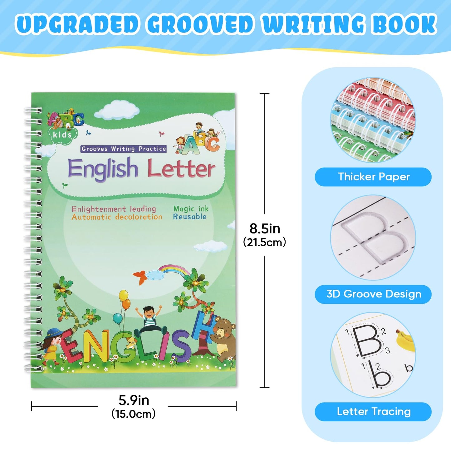Magical Handwriting Workbooks Handwriting Practice Copybook, Handwriting Aid Magic Pen Reusable Copybook Grooves Template Design for Children Books Suitable for Children's Learning (5)
